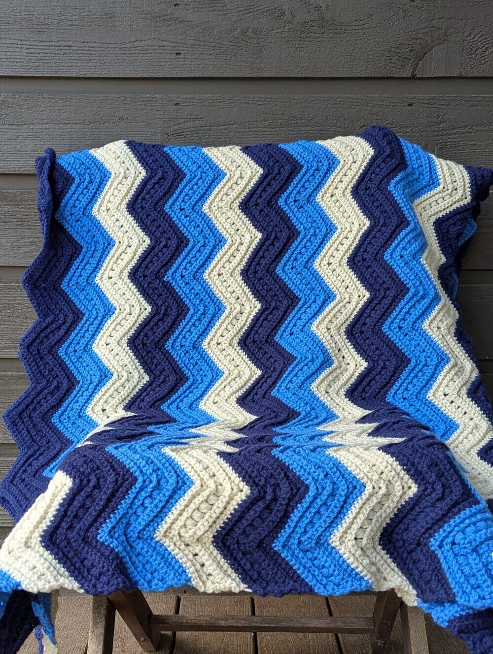 Handmade Chevron Crochet Throw Afghan Blanket Blueberry Cream 52" x 68"